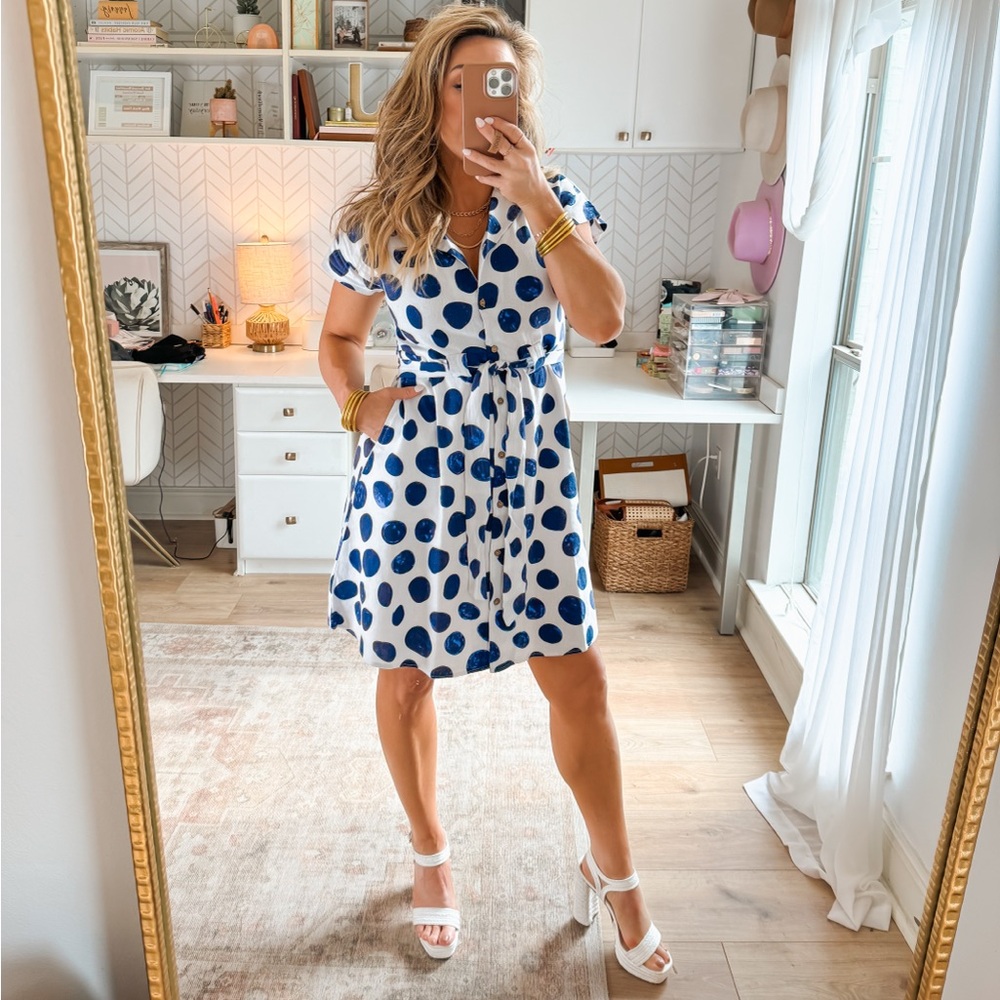 Charlie B Blue Polka Dot Linen Blend Shirt Dress with belt XS